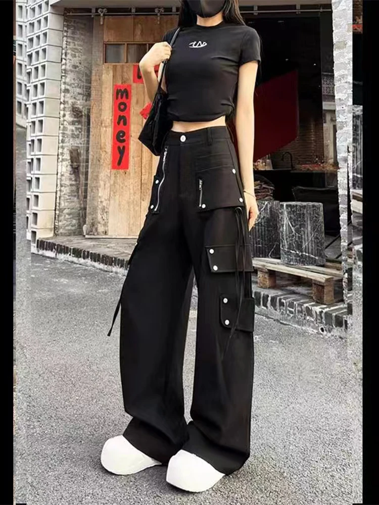 Women's Black Gothic Y2k Cargo Pants Harajuku Aesthetic Pants Japanese 2000s Style Vintage Trousers Fashion Emo Trashy Clothes