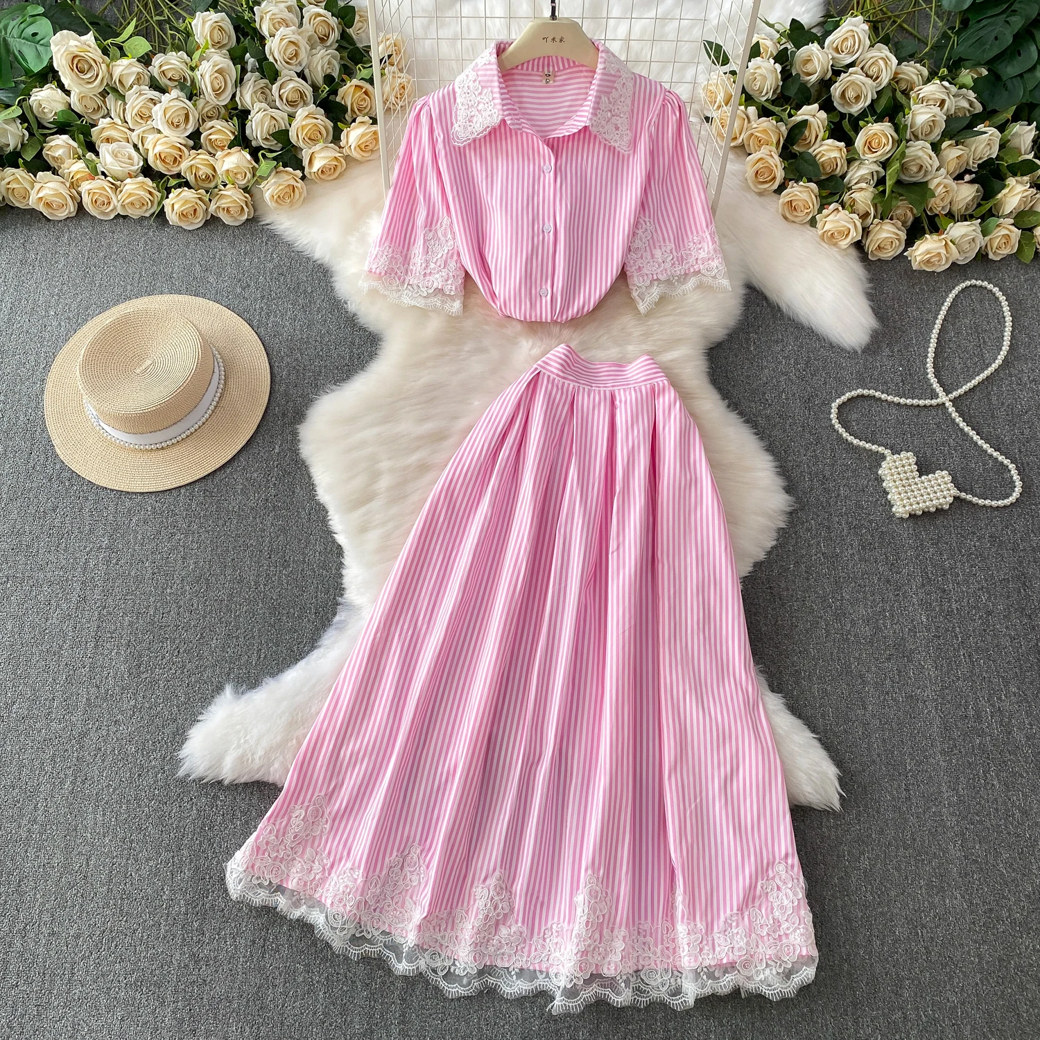 

Элегантные полосатые милые кружевные платья феи с короткими рукавами в стиле ретро, повседневная женская одежда трапециевидной формы с высокой талией