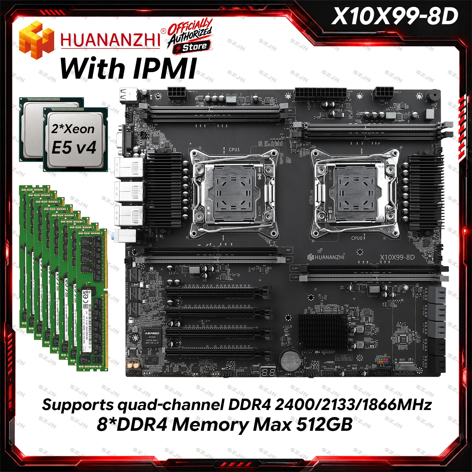 HUANANZHI X10X99-8D IPMI Dual-Motherboard XEON LGA2011-3 Intel C612 DDR4 512GB Quad-Channel M.2 NVMe 2,5G LAN 10 SATA