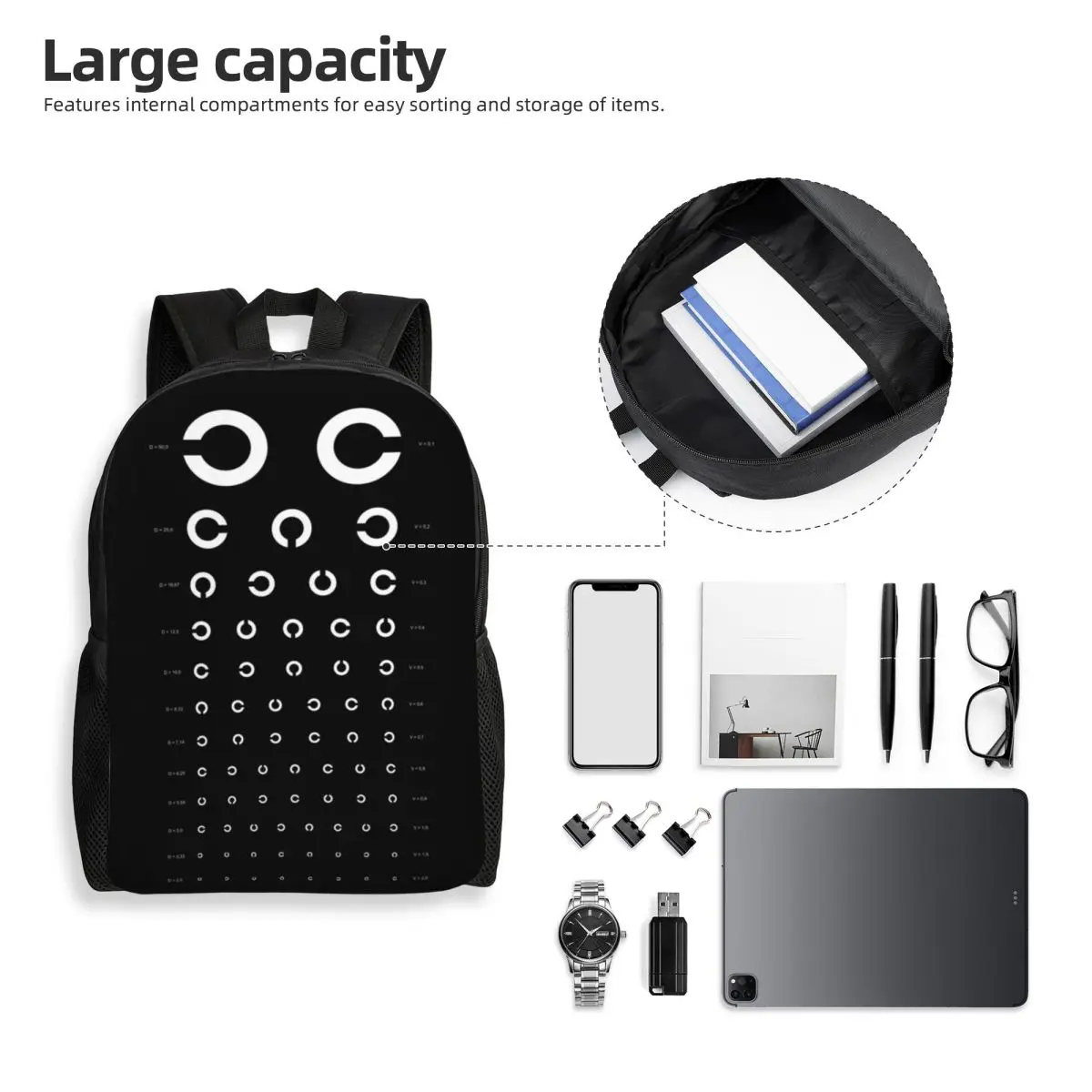 Mochila Oftalmologista Impermeável, School College Eye Exam Chart Bag, Print Bookbag para Homens e Mulheres