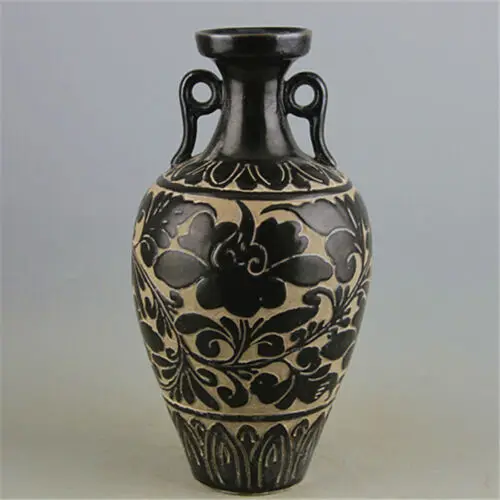 

Chinese Song Cizhou Kiln Black Glaze Porcelain Carved Flowers Design Vase 10.43"