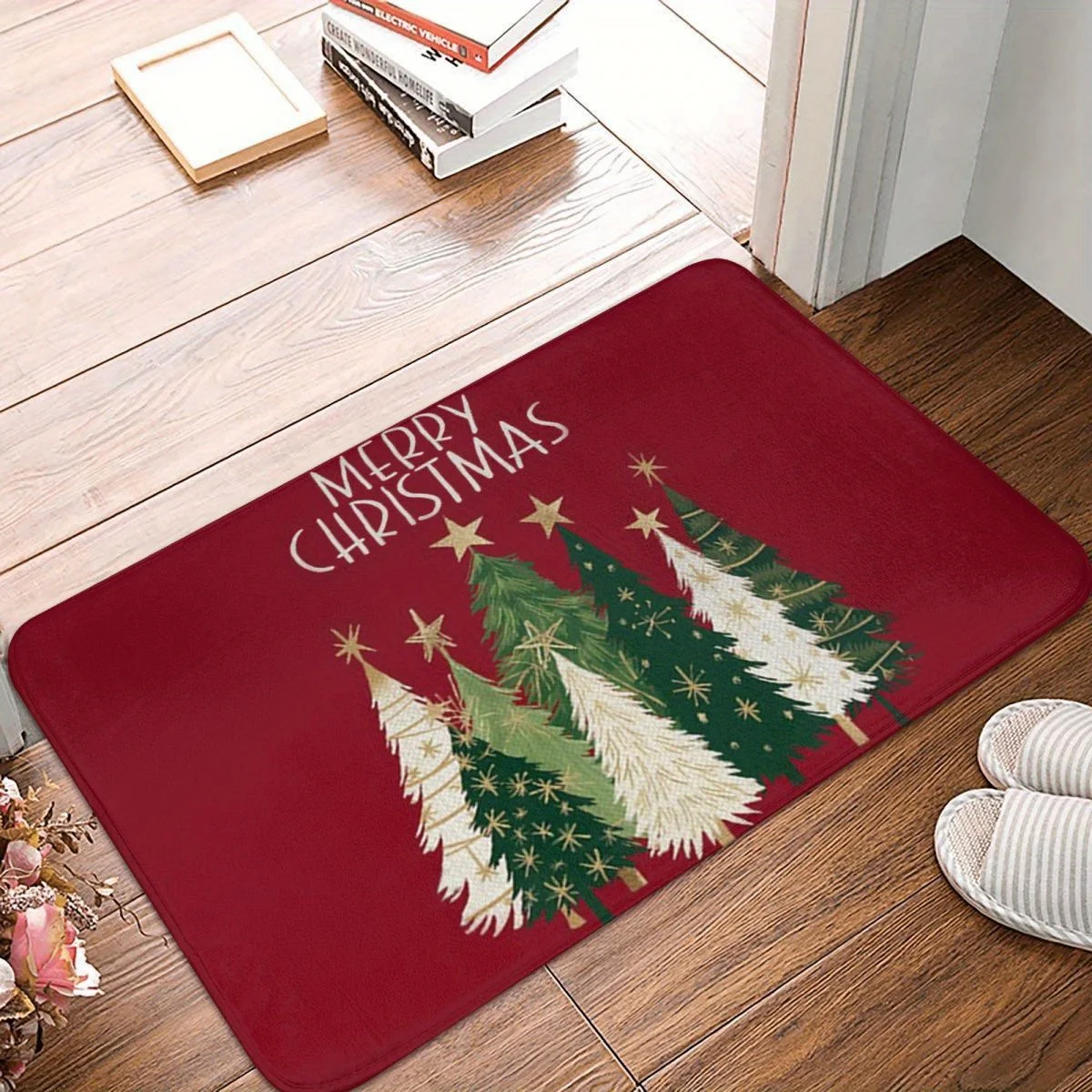 Christmas Tree Festive Welcome Mats Holiday Red Decorations for Front Door Bathroom Anti-silp Carpet Living Room Accessories Pad