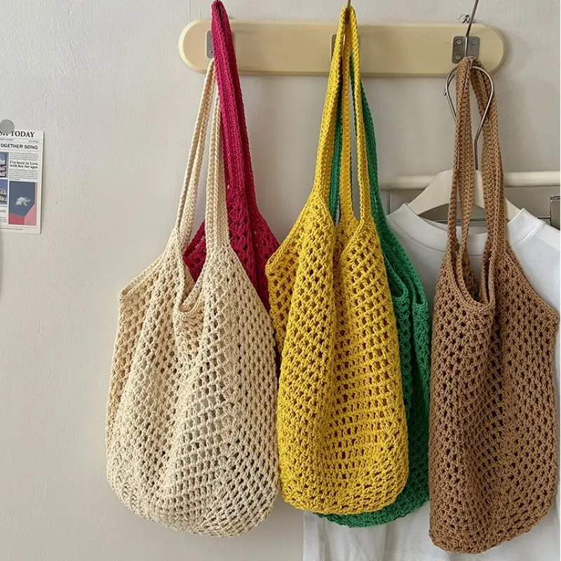 Women's Crochet Mesh Tote Bag with Long Handles Large Capacity Hollow Out Shoulder Purse for Beach Vacation Daily Travel