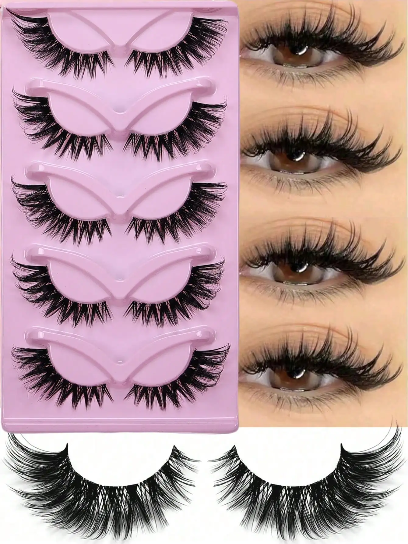 5 Paar Manga-Wimpern, 3D-Wimpern mit transparentem Band, für einen natürlichen Look, zarte Nerzwimpern, flauschige Katzenaugen-Wimpern, einzelne Wimpern. – Detail 1