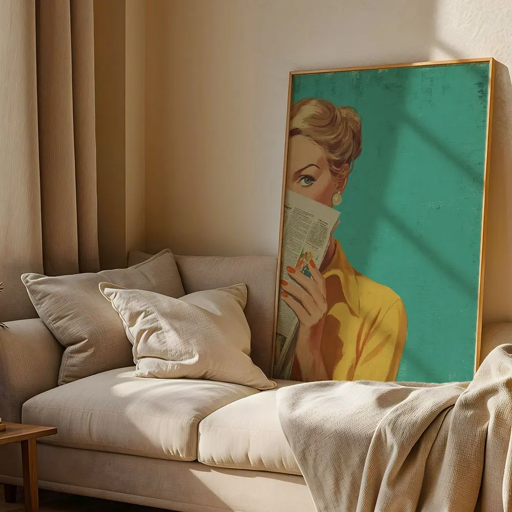 Vintage Blonde Lady With Newspaper Canvas Poster Wall Art,2D Print Wall Decor,Aesthetic Home Decor