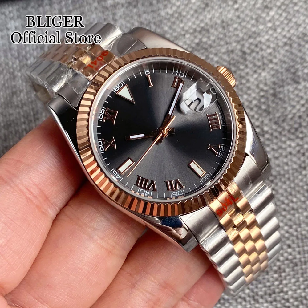 BLIGER-Relógio Automático Masculino, Bracelete de Aço, Vidro Safira, Mostrador Cinza, Two Tone, Ouro Rosa, Roman Numbers, NH35A, 36mm, 39mm