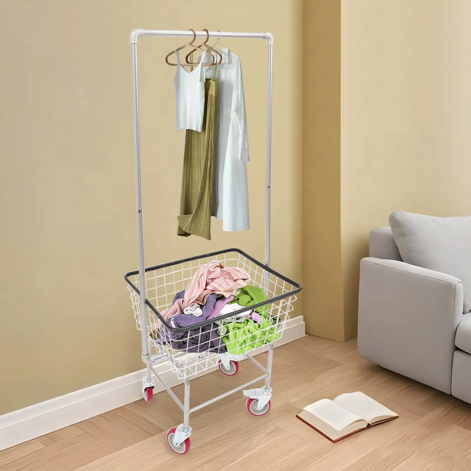 Wire Laundry Cart, Heavy Duty 110 Lbs Capacity Laundry Basket, 27x22x67 Inch, 5 Inch Swivel Wheels with 2 Brakes, Galvanized Steel Wire Frame, Rust Proof, Scratch Resistant, for Laundry, Organizer, Kitchen, Garage, Storage Rack