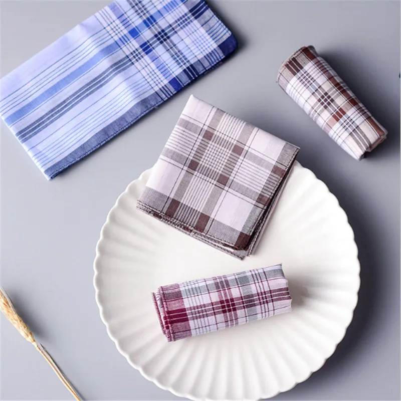 1pc Square Plaid Stripe Handkerchiefs Men Classic Vintage Pocket Pocket Cotton Towel For Wedding Party 38*38cm Random Color New