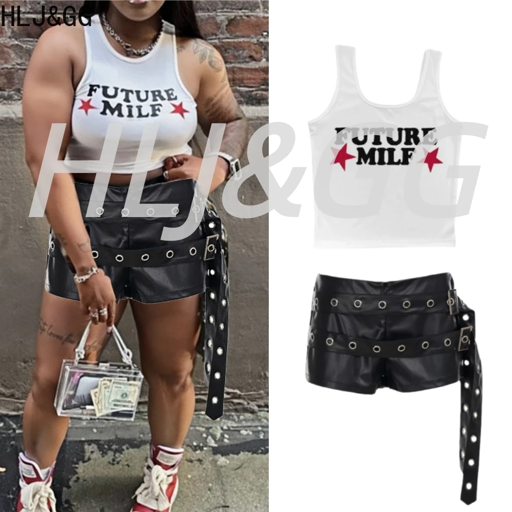 

HLJ&GG Fashion Rock Punk Leather Belt Shorts Two Piece Sets Women O Neck Sleeveless Slim Tank Top And Shorts Outfits Streetwear