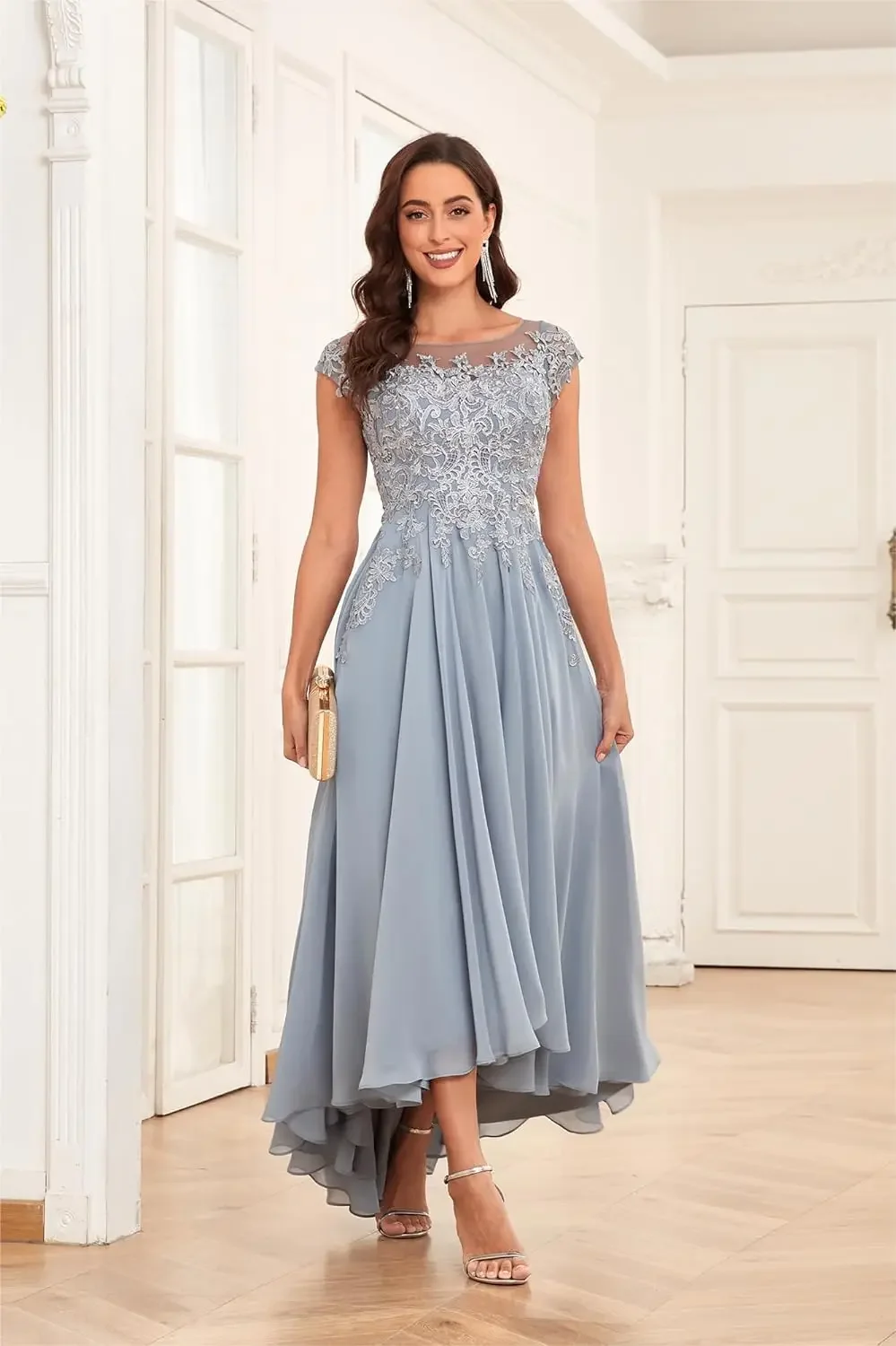 Elegant A-Line Lace Appliques Chiffon Mother of The Bride Dresses for Wedding Cap Sleeve Tea Length Formal Gown with Pockets