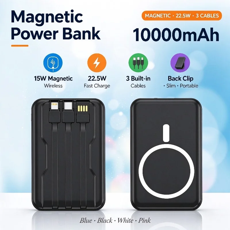 Magnetic Wireless Power Bank 10000mAh 22.5W 15W Fast Charging with 3 Built in Cables Portable Charger for Phone