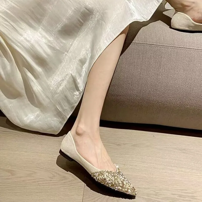 

Women's Slip-On Flat Shoes Pointed Toe Low-Cut Pearl Rhinestone Decorated Bridesmaid Wedding Korean Style Fairy Soft Comfortable