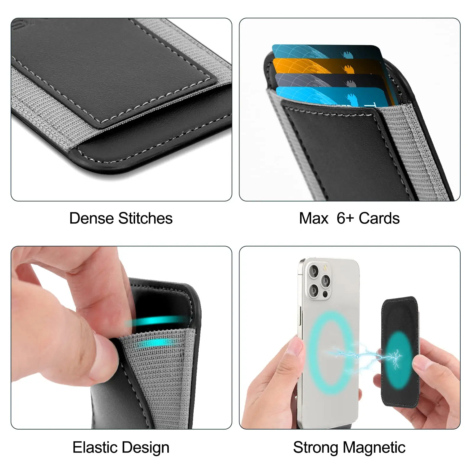 Magnetic Card Wallet Holder for Apple iPhone 14 13 12 Mag-Safe Leather for Back of Series Fit 6 Cards