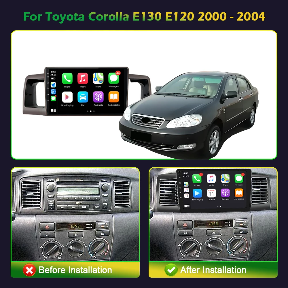 Android 13 per Toyota Corolla E130 E120 2000-2004 autoradio multimediale 2 Din navigazione 4G GPS Apple CarPlay schermo Stereo