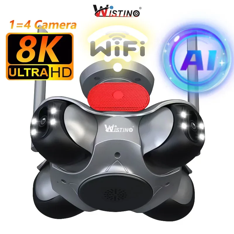 

New Arrival 8K Wide Angle Wifi Camera Four PTZ 360 Degree Two Way Voice Night Vision Full Color Wifi Surveillance Camera