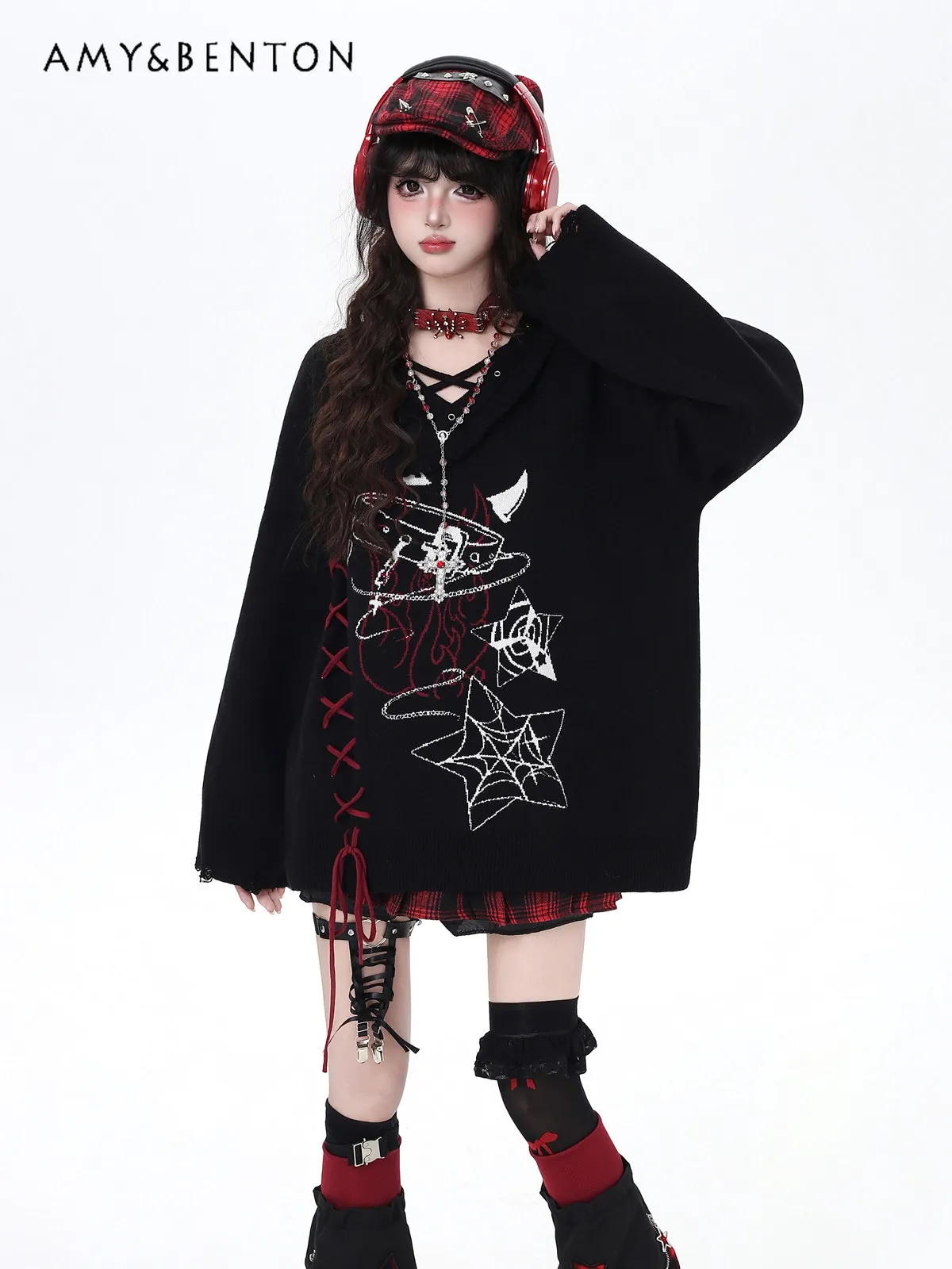 

2026 Spring and Autumn New Gothic Subculture Design Women's Black and Gray Cross Strap V-neck Loose Casual Sweater