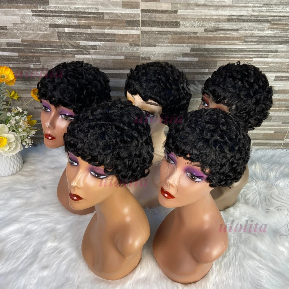 Lockige Pixie-Cut-Perücken, kurze Echthaarperücke für schwarze Frauen, natürliche schwarze gewellte Bob-Perücke, kleberlose Perücke, Remy-Haar, vollständig maschinell gefertigte Perücke – Detail 1