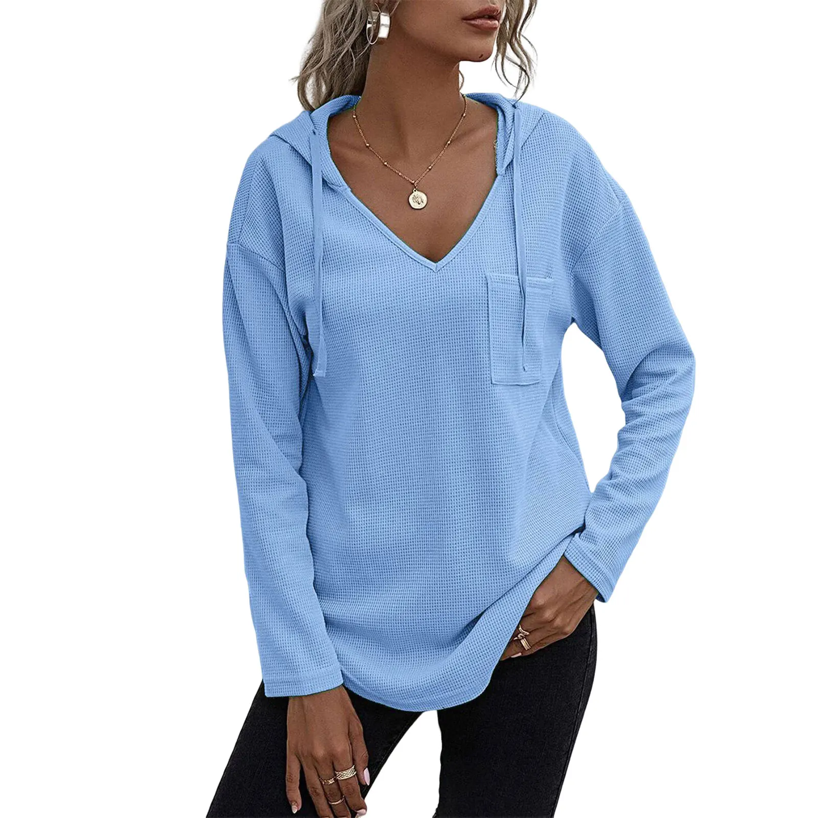 Women's V Neck Hoodies Long Sleeve Sweatshirt Drawstring Pullover Tops with Pocket for Work Sport Daily Wear