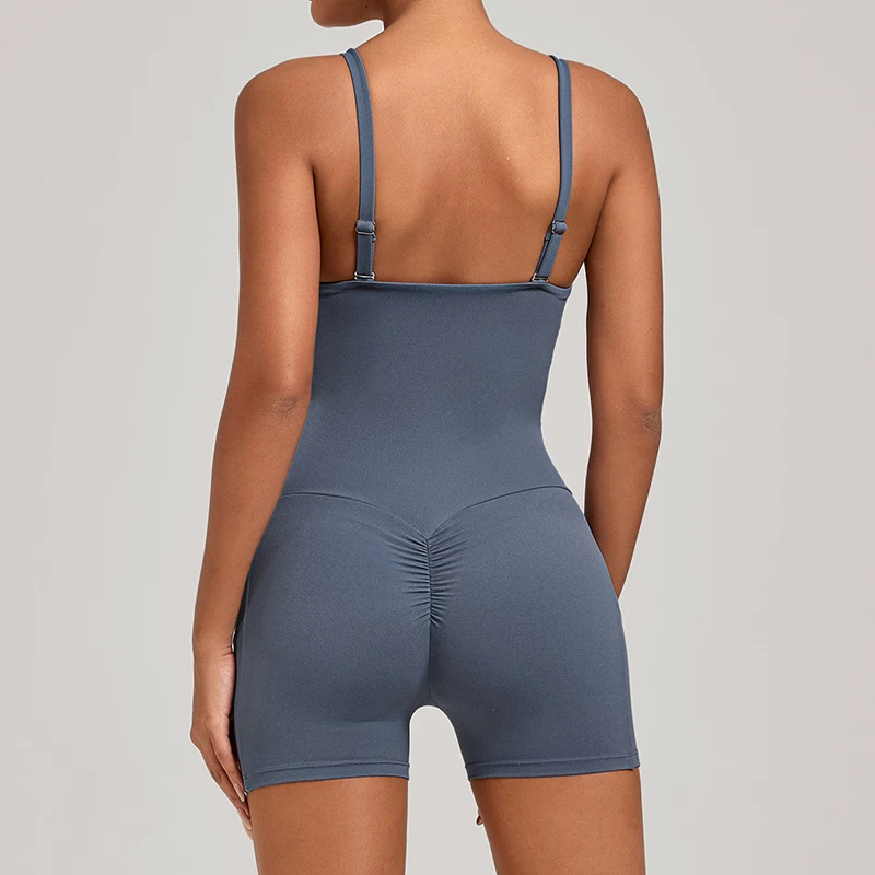 Women Gym Running Suit Solid Color One Piece Yoga Set Slim Fit Stretchy Fitness Jumpsuit Female Short Sportswear Workout Clothes