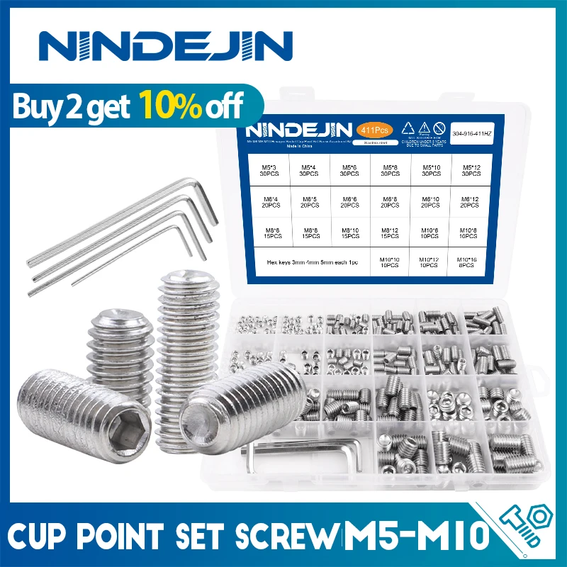 NINDEJIN 411pcs 1084pcs Hex Socket Grub Screw Kit M2-M10 Stainless Steel Cup Point Headless Set Screw Assortment Kit