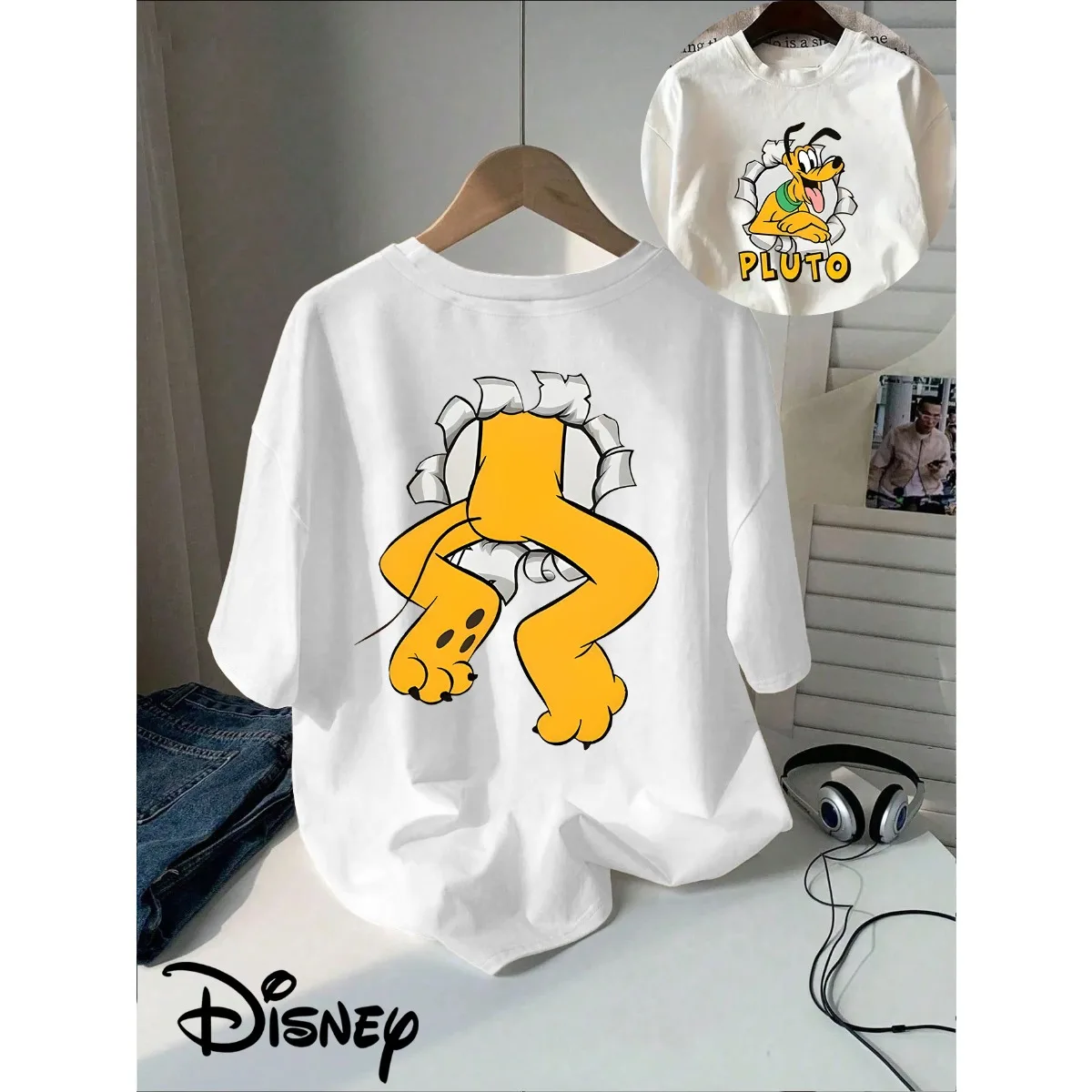 T-shirt da donna Disney con motivo Plutone, stampa fronte-retro, girocollo, design classico dei cartoni animati, abbigliamento casual autunno/inverno