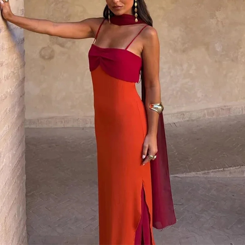 Schickes Kleid mit Schal-Kragen und Trägern, Damen Sexy Tailliertes Schlitz-Kleid, Figurbetontes Langes Kleid 2026, Damen Club-Party Vestidos Neu – Detail 3