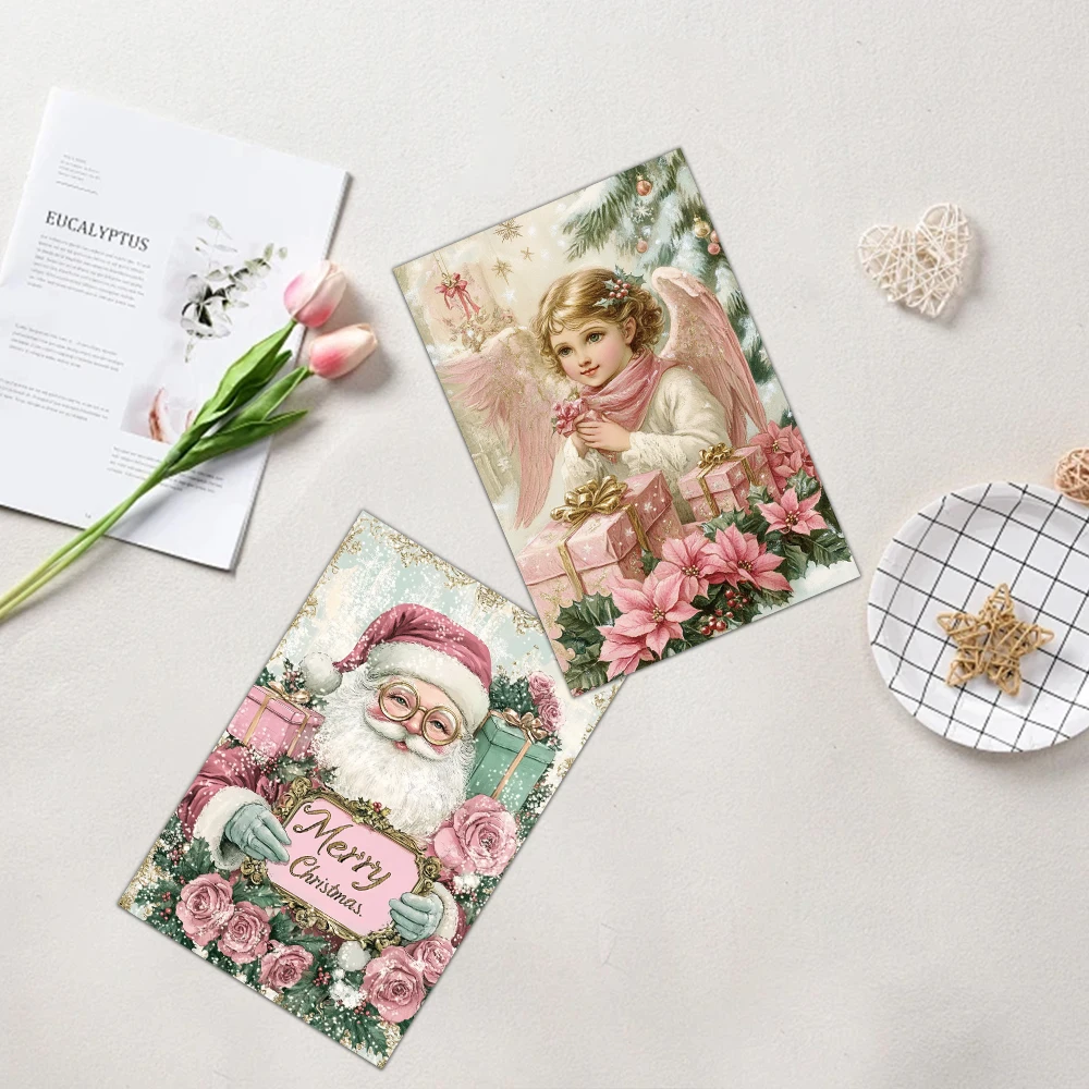 10 قطعة بطاقات عيد الميلاد الوردية الرجعية مهرجان الشتاء الأيائل ملصقات جدار الملصقات البطاقات البريدية غرفة الزينة