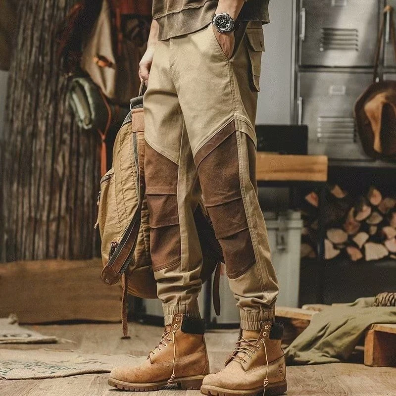 Men's Trendy Color Block Loose Fit American Style Retro Cargo Pants Spring Autumn New Arrival Casual Trousers