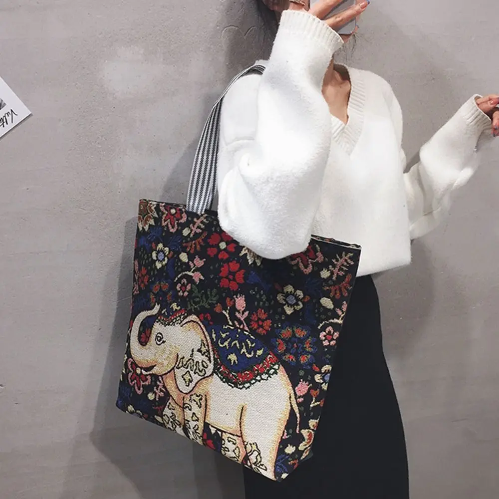 Elephant Ethnic Style Handbag Vintage Animal Canvas Canvas Tote Bag Embroidery Handbag Women Shoulder Bags Storage Bag