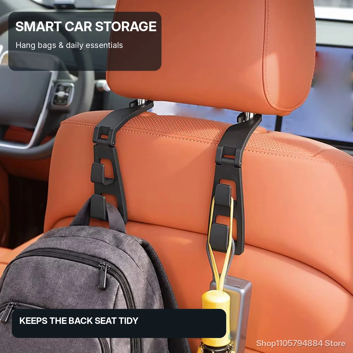Car Seat Headrest Hooks for Bags & Clothes, Non-Slip Storage Hanger - For Toyota VW BMW Ford Kia Nissan Hyundai Audi RAM Dodge