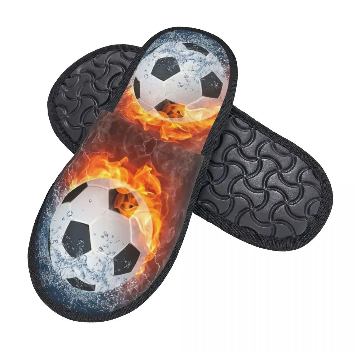 Flaming Football   Soccer House Slippers Women Cozy Memory Foam Flames Slip On Bedroom Slipper Shoes