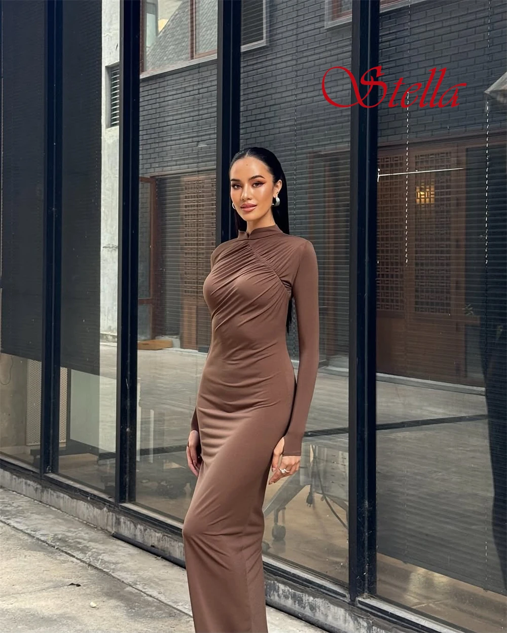 Robe de soirée en Jersey doux, personnalisée, Simple, col haut, manches longues, robes d'occasion sur mesure