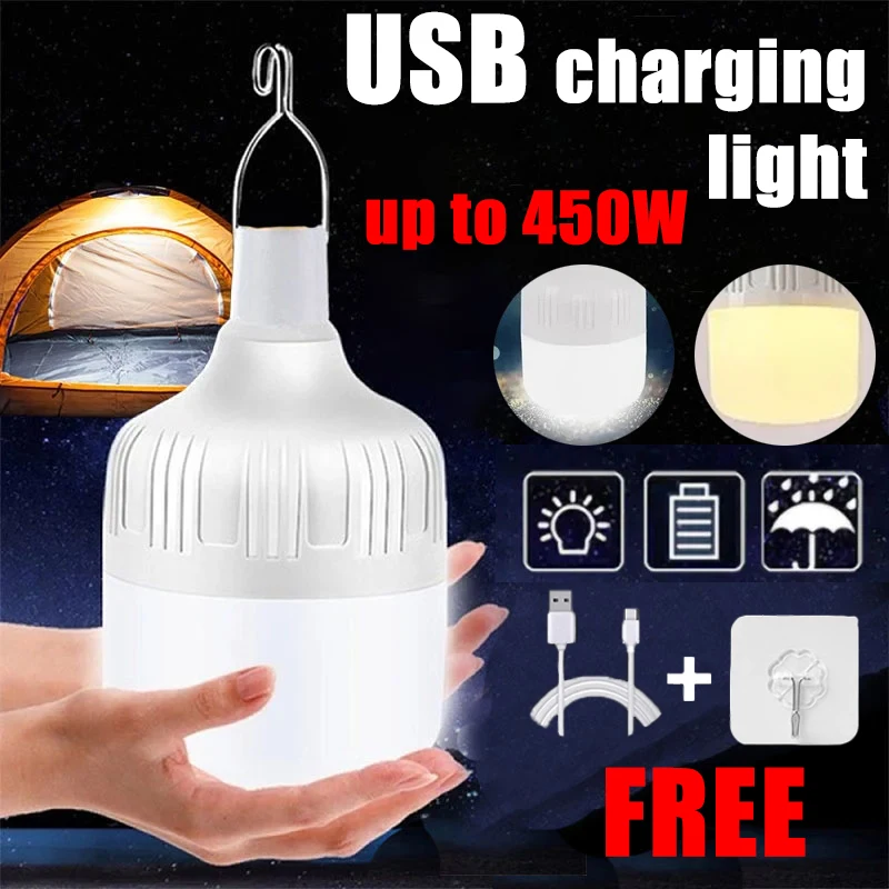 1-8pcs LED Outdoor Portable Camping Lights Multifunctional USB Rechargeable Hook Lights Emergency Bulb High Power Tents Lantern