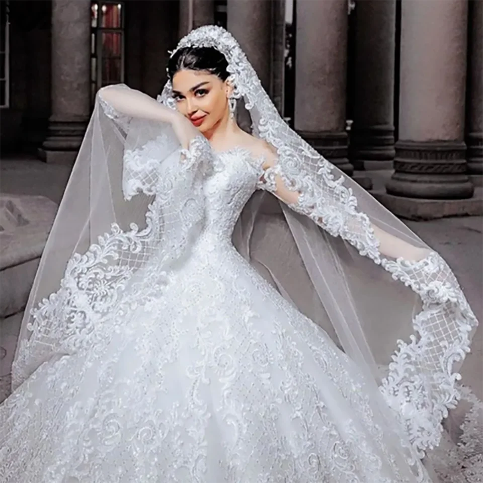 Gorgeous Sweetheart Lace Appliques Ball Gown Wedding Dresses 2025 Illusion Long Sleeves With Court Train Tulle Vestidos De Novia