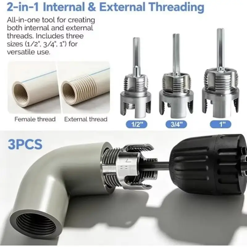 Rust Resistant Pipe Threading Tool Set 3Pcs Internal & External Electric Drill Compatible for Water Pipe Repair