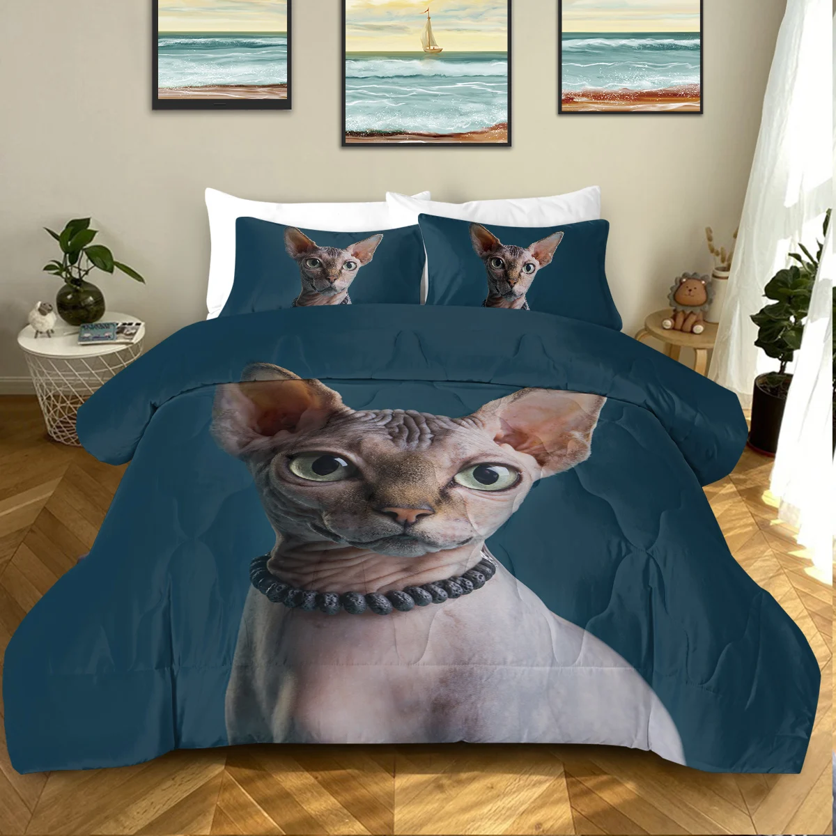 3 Piece Hairless Cat with Round Eys Printed Comforter Set Comfortable Quilt Set Suitable for All Seasons Home Decor