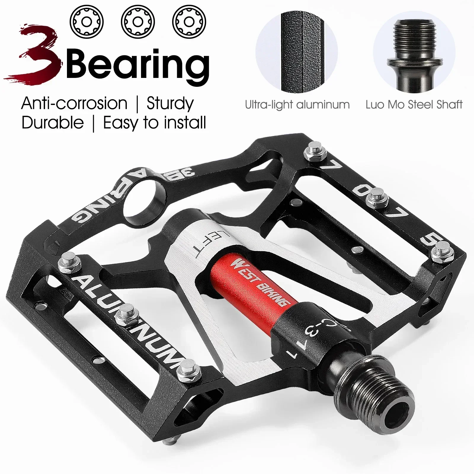 WEST BIKING Mountain Bike Pedals Die-Casting DU 3 Bearings Footboard Cycling Pedal Anti-slip Aluminum Alloy Bicycle Accessories