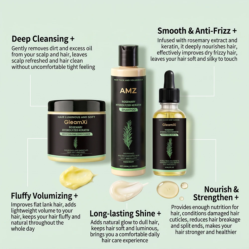 3pcs Rosemary Hair Care Set Shampoo Conditioner Oil Nourishing Smoothing Hydrating Silky Shine Daily Use