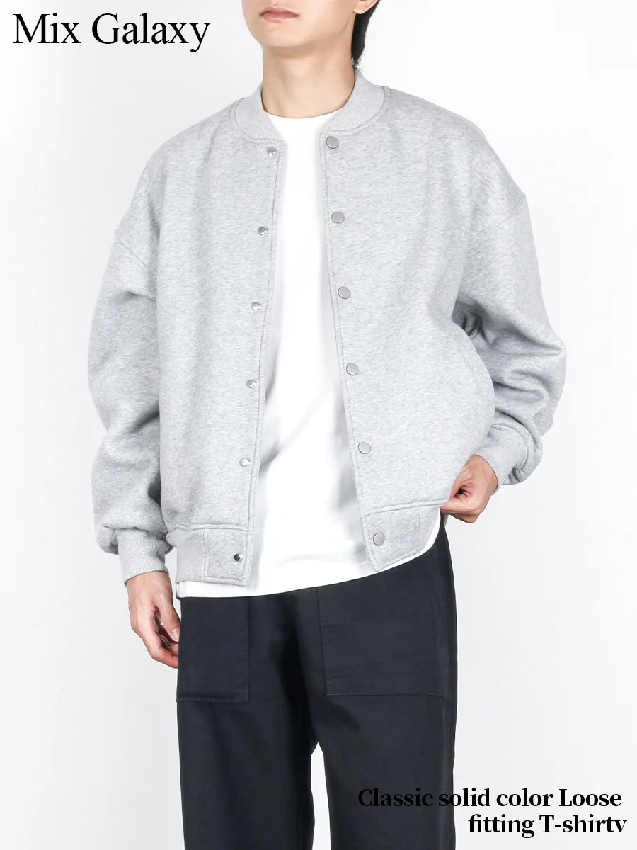 MIX Men's Fleece-Lined Baseball Jacket Solid Color Autumn/Winter American Retro Trendy Flight Jacket Fog Outerwear Top