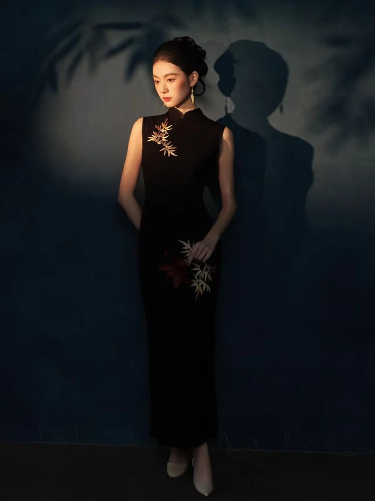 

Черный костюм для художественных портретов в новом китайском стиле, национальная мода, ретро-фотография, одежда для женщин