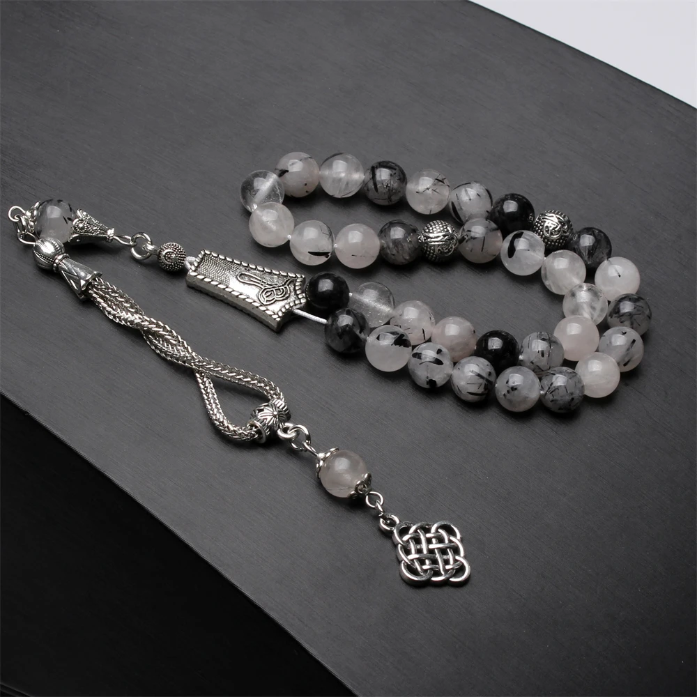 Imagem -03 - Cristal Tasbih 33 66 99 Contas de Quartzo Rutilado Preto Natural Misbaha Metal Borla Muslim Oração Grânulos Presente Rosário Islâmico