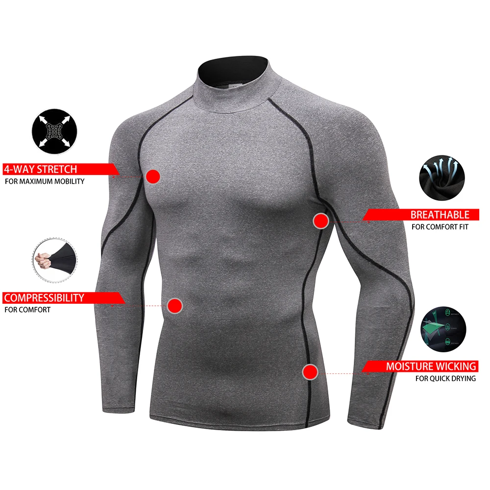 Turtleneck Compression Shirt Men Long Sleeve Workout Undershirts for Men Tights Basketball Running Athletic Base Layer Tops