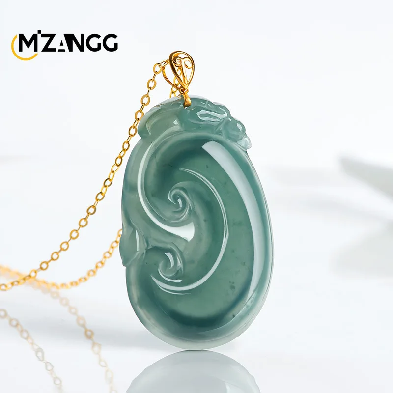 

Natural Myanmar Jadeite Blue Water Ruyi Pendant 18K Gold Inlaid Ice Kind Women's Jade Necklace Luxury High-end Fashion Jewelry