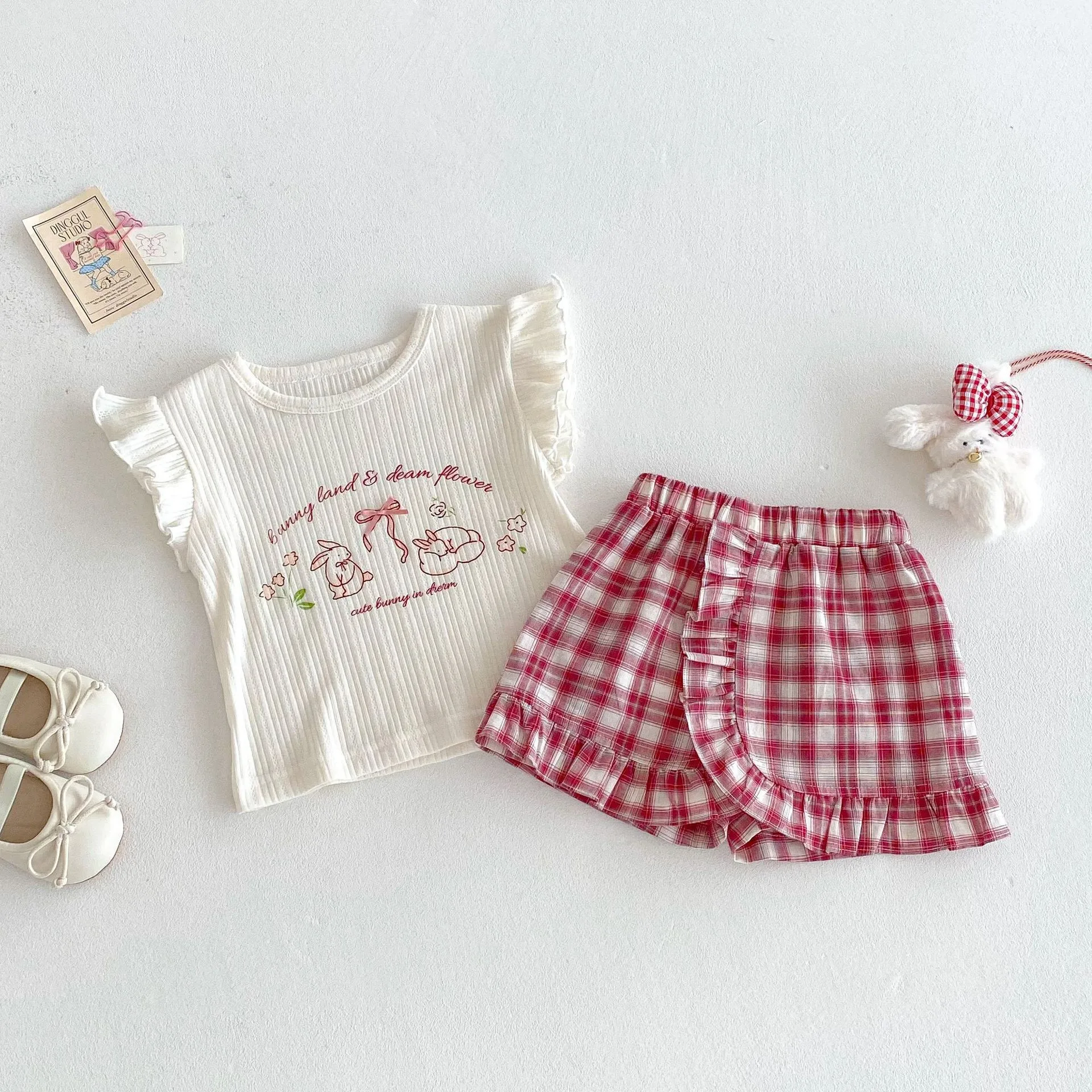 T2640-K2641 Korean Style New Summer Cartoon Casual Top for Girls Matching Plaid Lace Shorts Set Children's Clothing Kids Outfits