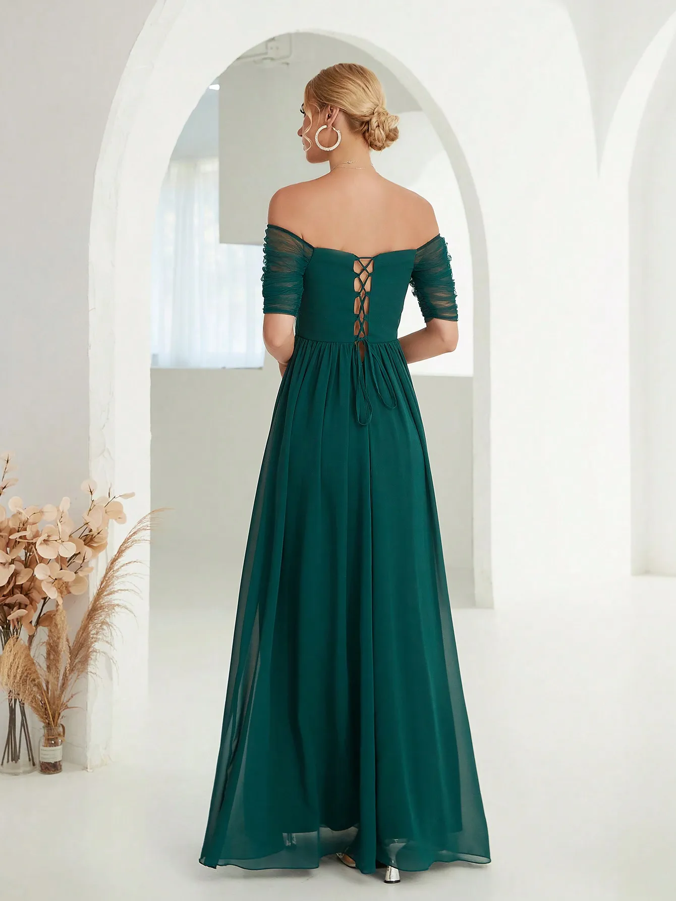 Mgiacy Line neck mesh chest pleated rhinestone embellished chiffon long dress Evening Ball dress Party dress Bridesmaid dress