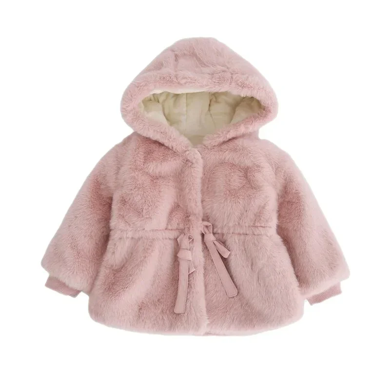 2023 Girls Kids Winter Coat Fake Fur Soft Velvet Thickening Warm Hooded Coats Cute Baby Belt Overcoats Children Clothing 0-8T