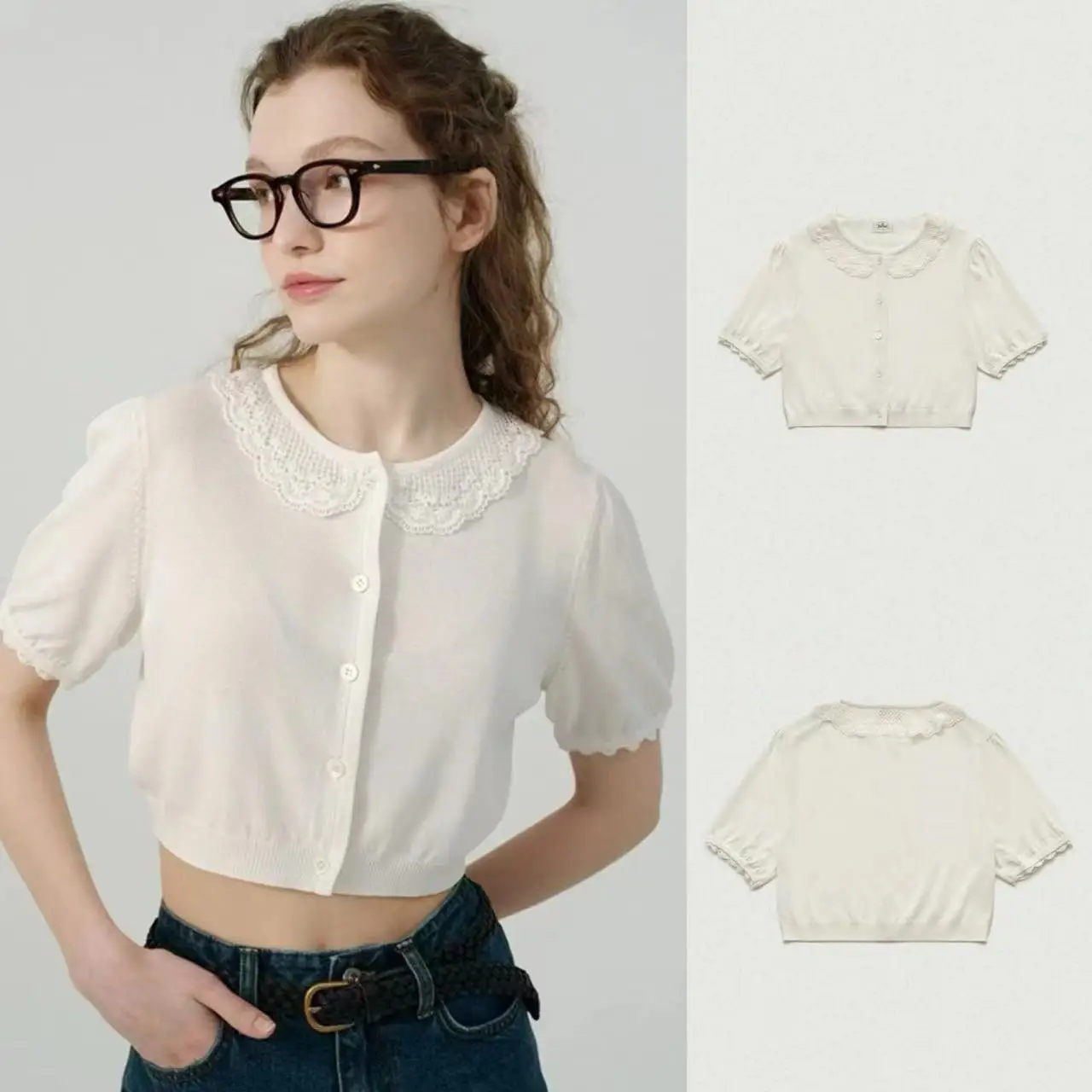 

Симпатичный вязаный кружевной открытый кардиган женский модный рта длина с кукольным воротником летняя трикотажная футболка