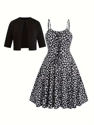 European and American fashion plus-size ladies elegant temperament printed suspender dress and solid color cardigan coat two-pie