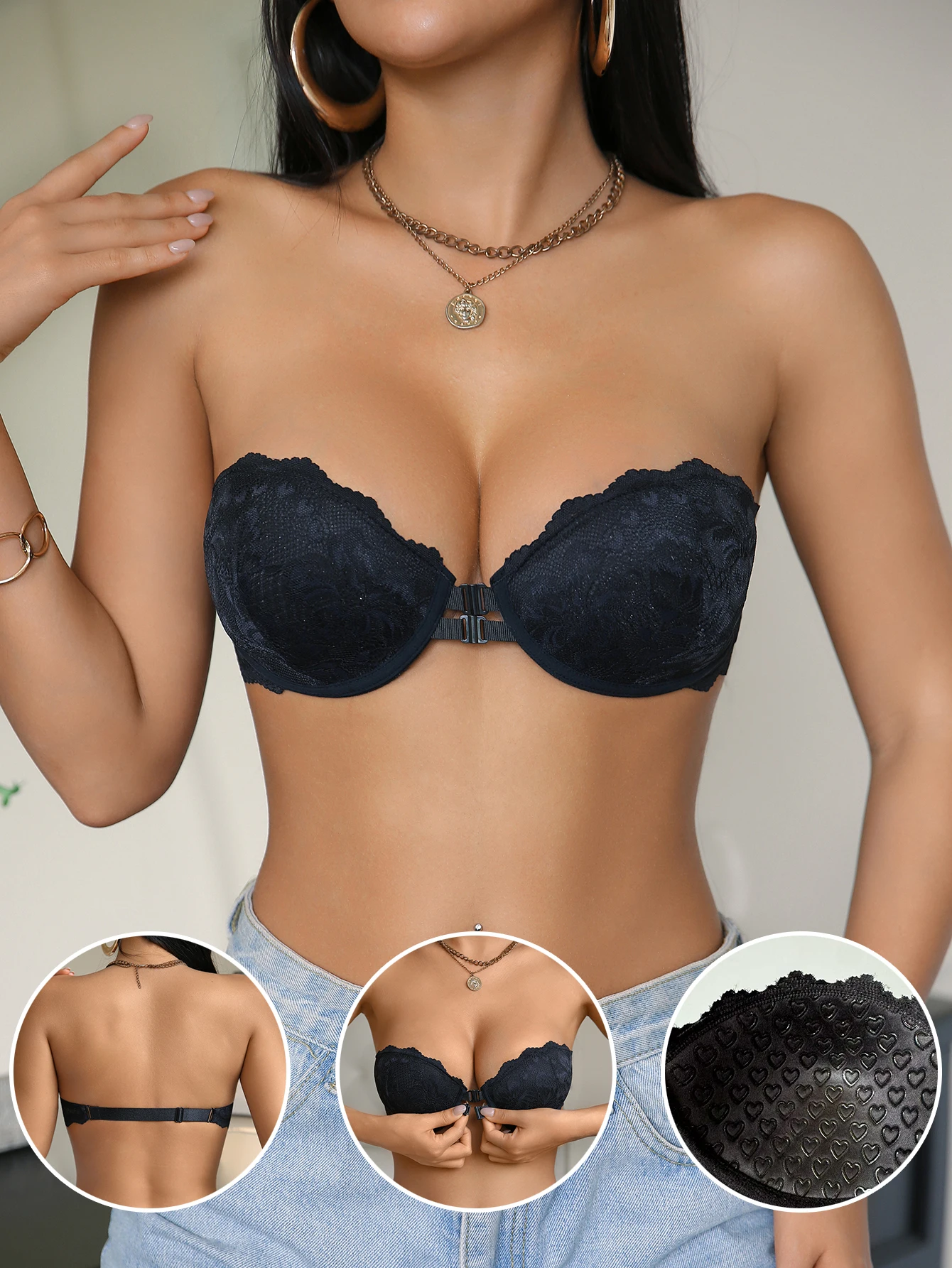 Damen Trägerloser Spitzen-BH mit Vorderverschluss Push-Up BH Rutschfester Bügel-BH Modische Sexy Unterwäsche