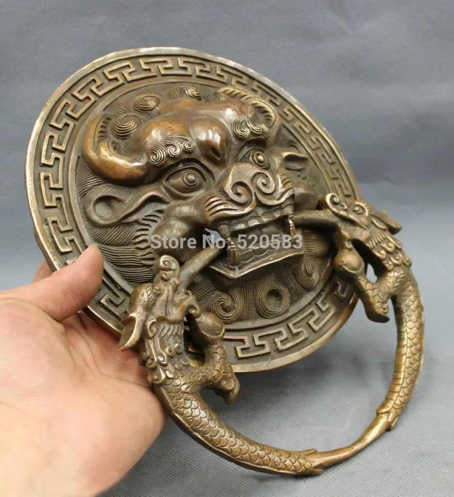 SCY 10 "الصينية النحاس البرونزية الحرس الأسد قناع تمثال جدار بوابة الشر مطرقة الباب #4